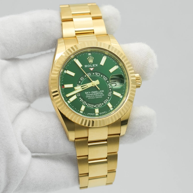 Rolex Sky-Dweller 42mm Yellow Gold Green Dial Fluted Jubilee 336938