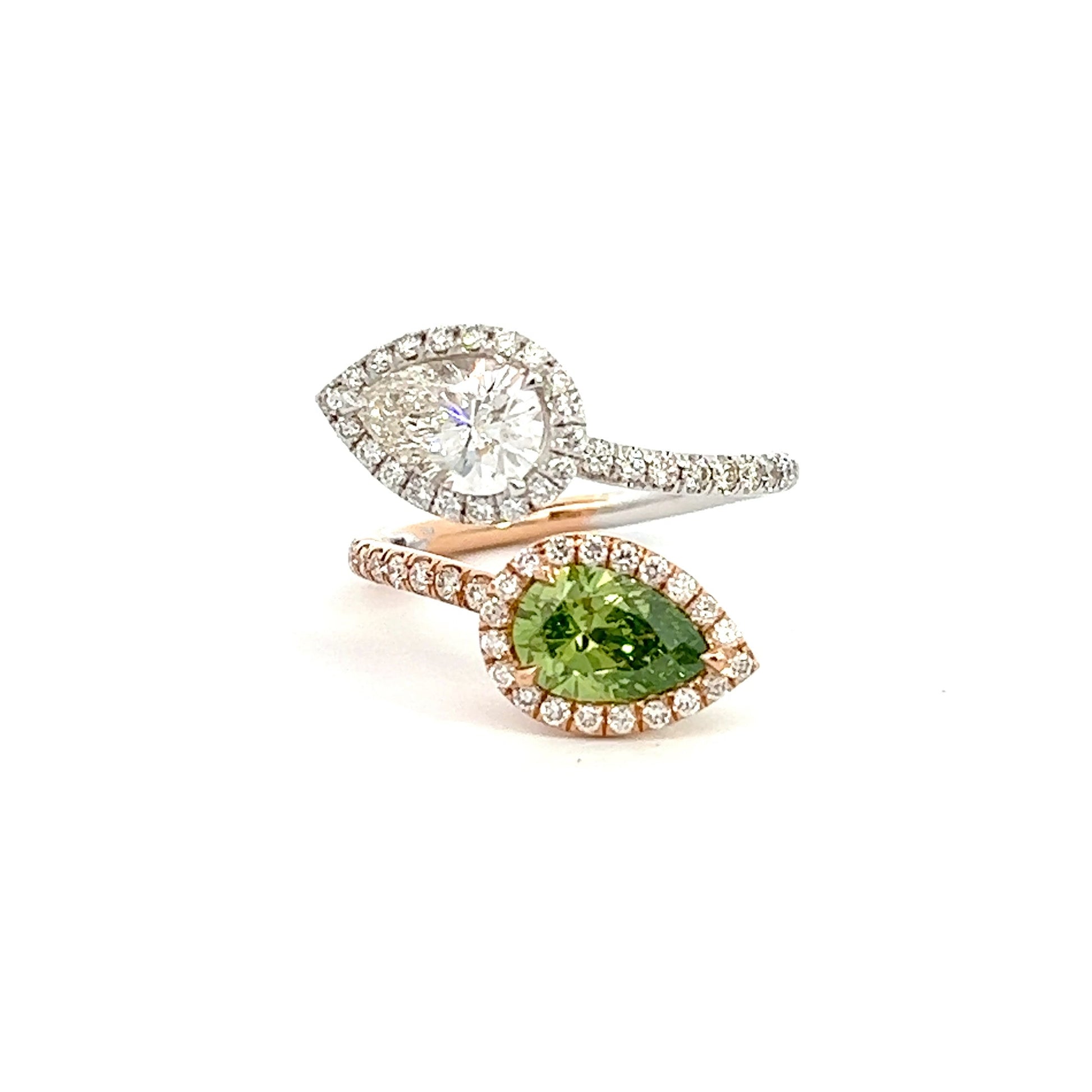 2.84 Total CT Earth Green Pear Brilliant Diamond 18K Rose&White Gold Setting GIA