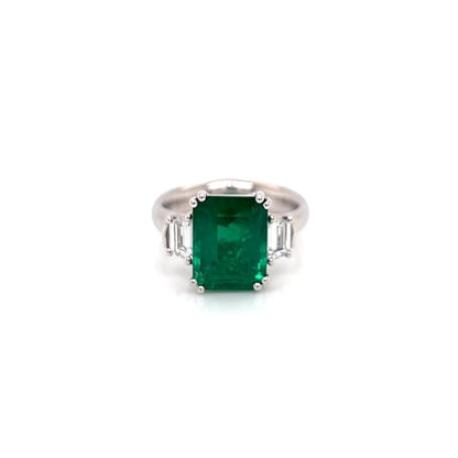 4.60 Total Carat Emerald and Diamond Three Stone Ladies Engagement Ring. GIA Certified.