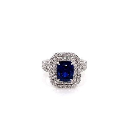 3.49 Total Carat Sapphire and Diamond Double-Halo Micro Pave-Set Ladies Ring