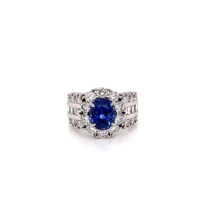 5.61 Total Carat Sapphire and Diamond Halo Channel-Set Ladies Ring