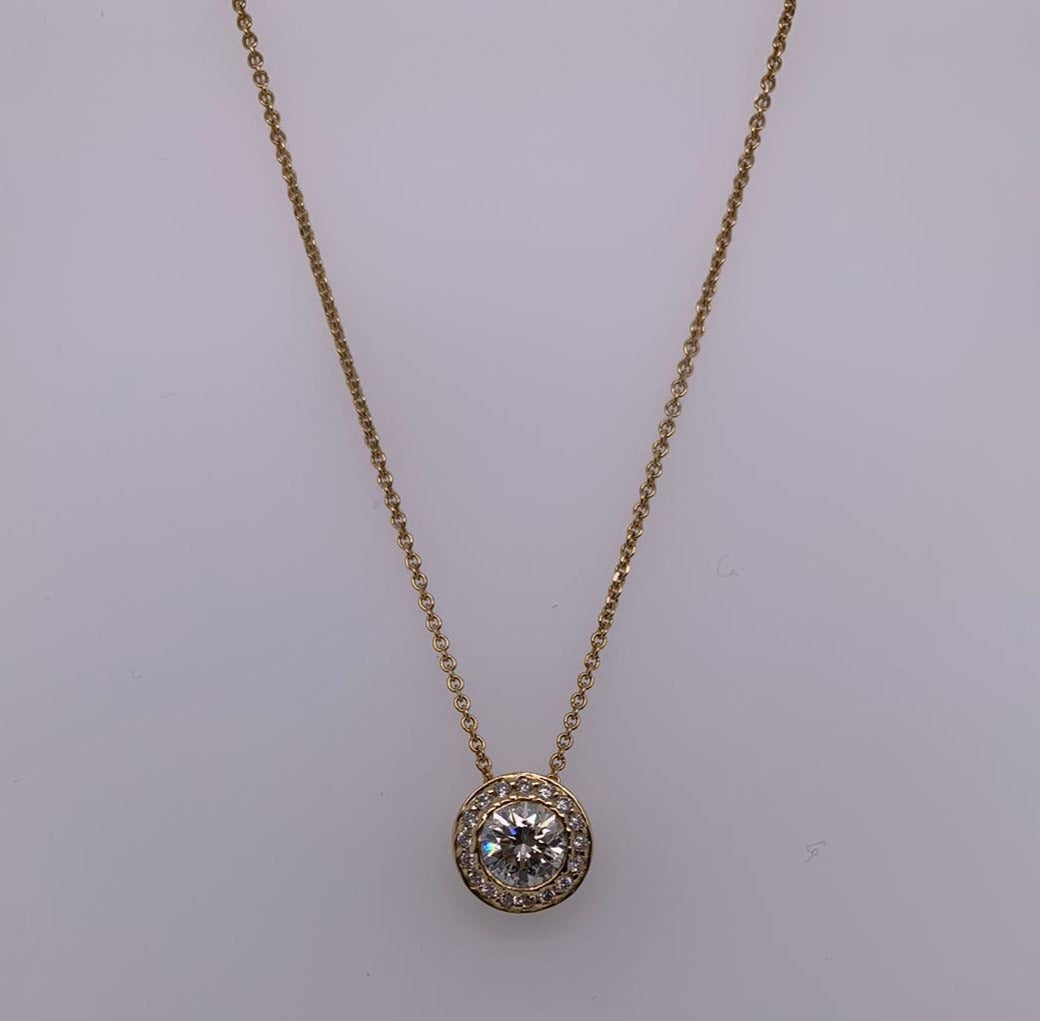 "PEND01203" 18K Yellow Gold One Carat Diamond Pendant With Diamond Halo