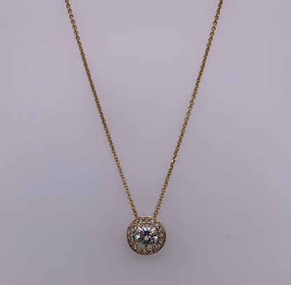 "PEND01203" 18K Yellow Gold One Carat Diamond Pendant With Diamond Halo