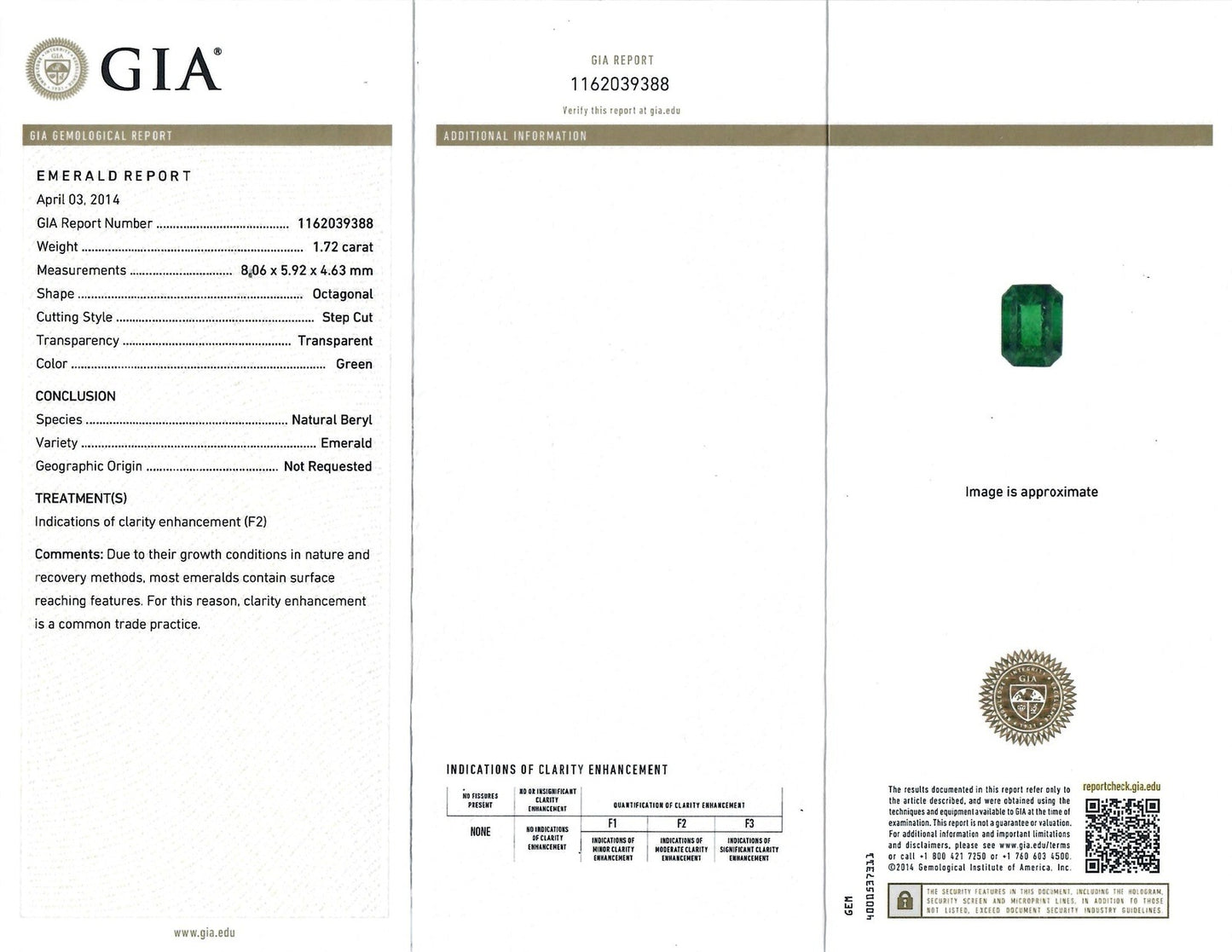 2.17 Total Carat Green Emerald Ladies Three Stone Ring, GIA