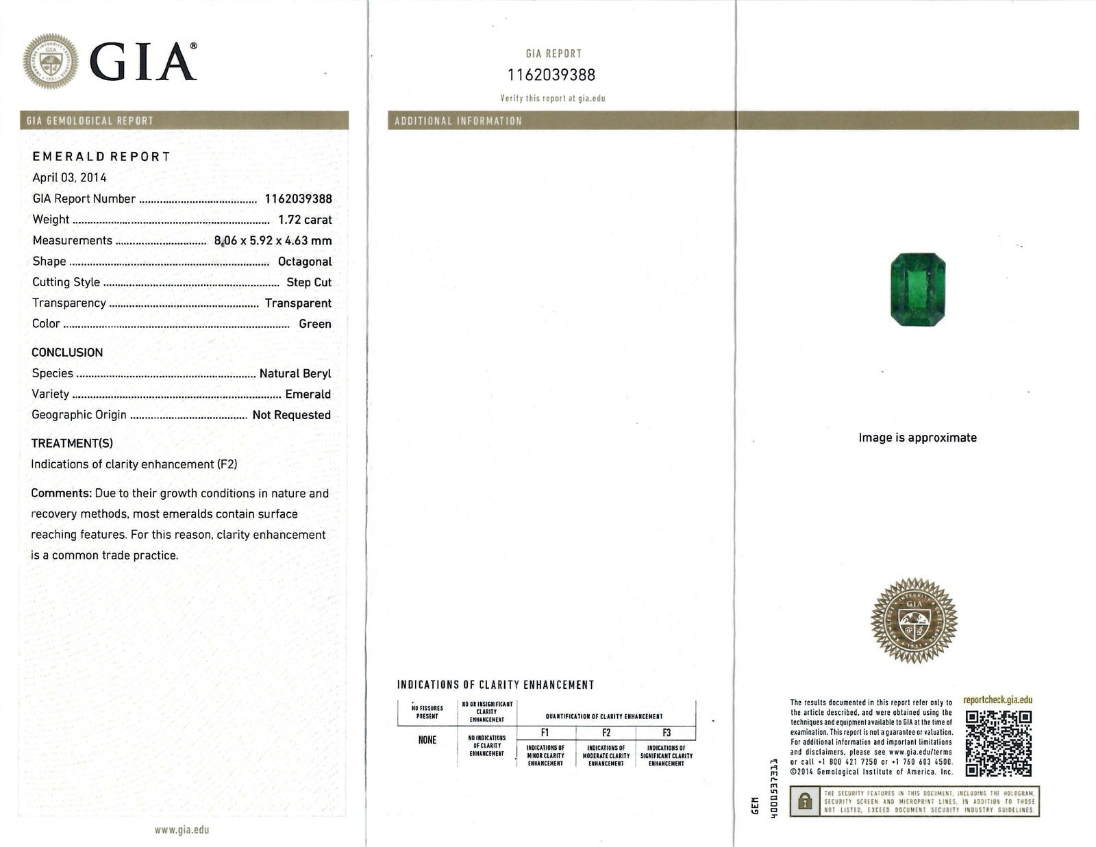 2.17 Total Carat Green Emerald Ladies Three Stone Ring, GIA