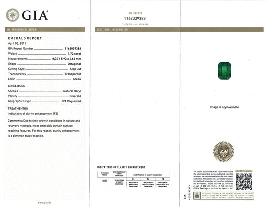 2.17 Total Carat Green Emerald Ladies Three Stone Ring, GIA