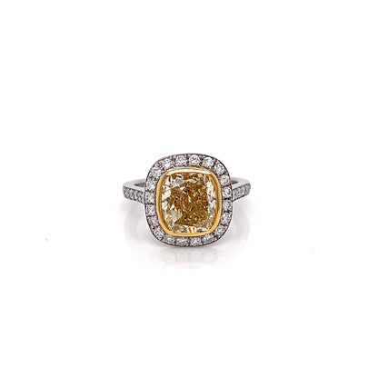 4.31 Total Carat Fancy Yellow Diamond Ladies Halo Pave-Set Engagement Ring. GIA Certified.