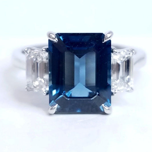 4.65 Total Carat Emerald Cut Sapphire and Diamond Three-Stone Ladies Ring, GIA Certified