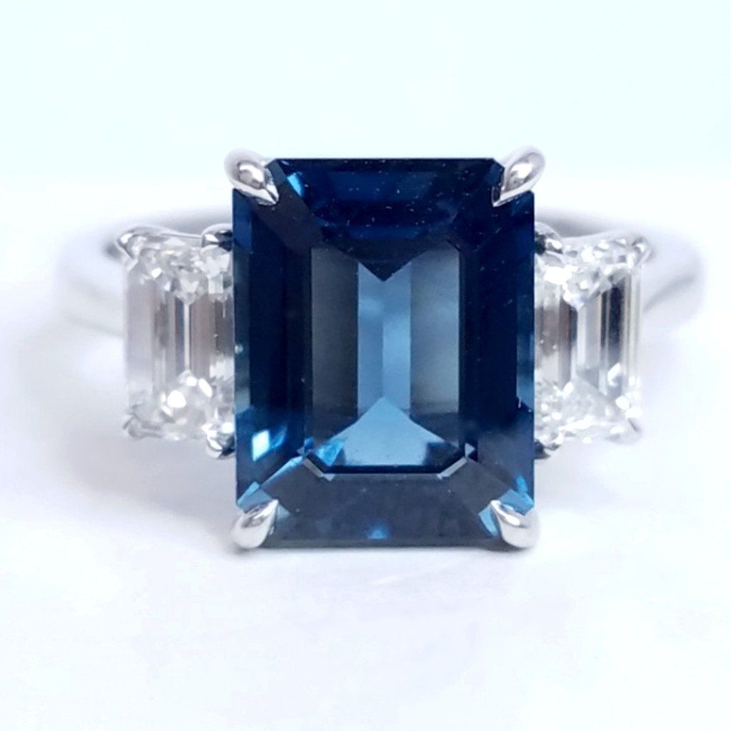 4.65 Total Carat Emerald Cut Sapphire and Diamond Three-Stone Ladies Ring, GIA Certified