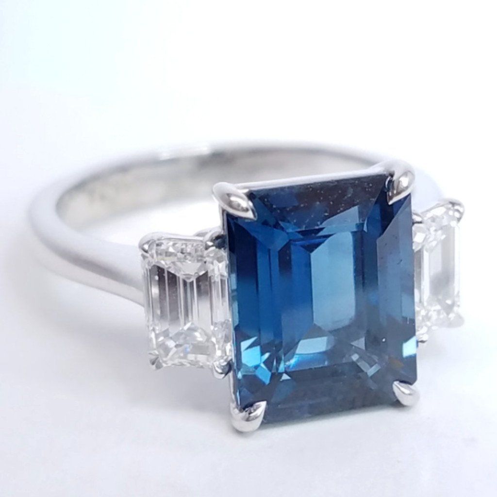 4.65 Total Carat Emerald Cut Sapphire and Diamond Three-Stone Ladies Ring, GIA Certified