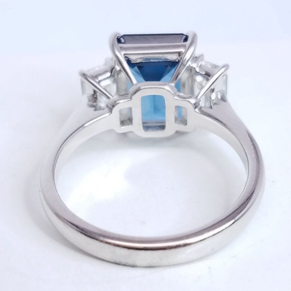 4.65 Total Carat Emerald Cut Sapphire and Diamond Three-Stone Ladies Ring, GIA Certified