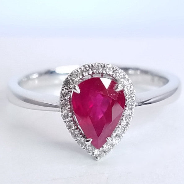 1.14 Total Carat Pear Cut Ruby Diamond Engagement Ring