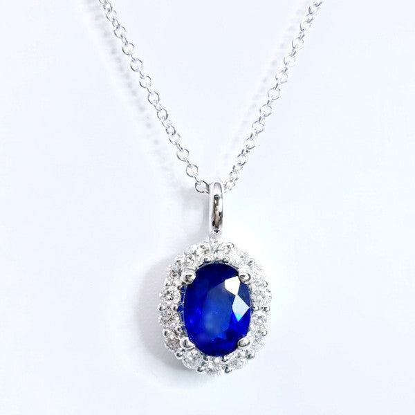 "PEND01642" Oval Halo Sapphire Pendant Necklace