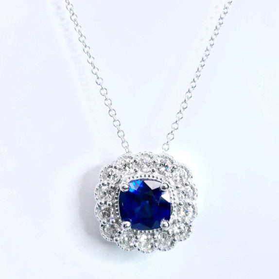 "PEND01565" Cushion Cut Vintage Inspired Sapphire Pendant