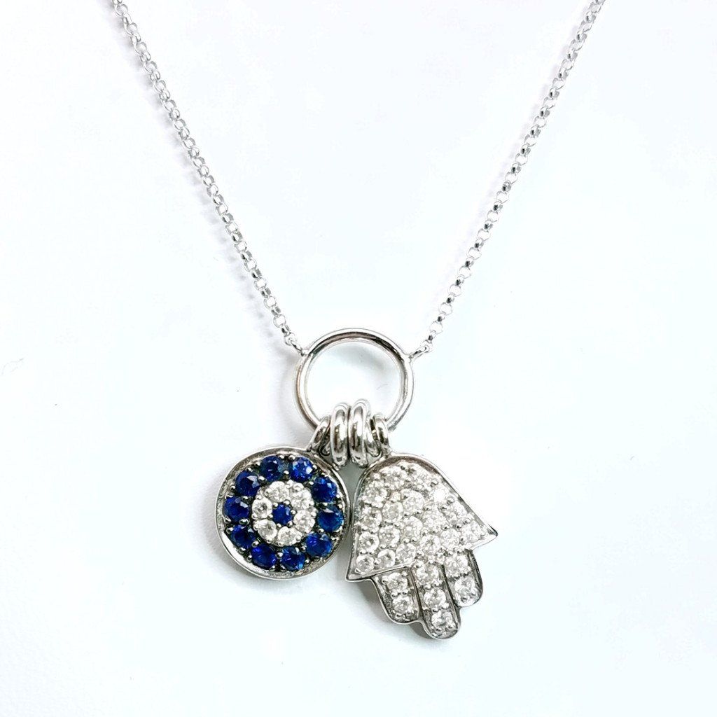 "PEND01404" Sapphire Evil Eye and Hamsa Diamond Pendant