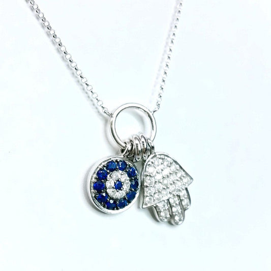 "PEND01404" Sapphire Evil Eye and Hamsa Diamond Pendant