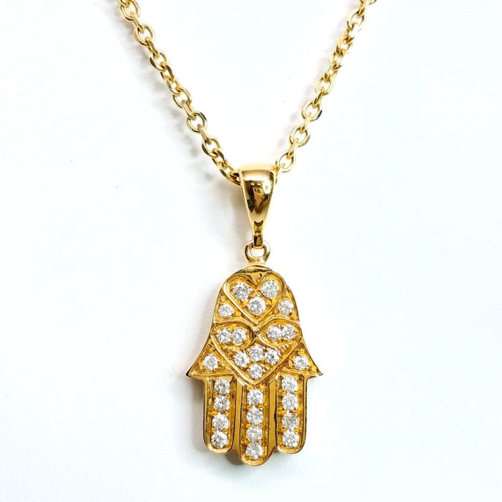 "PEND01386" Diamond Hamsa Necklace in Yellow Gold