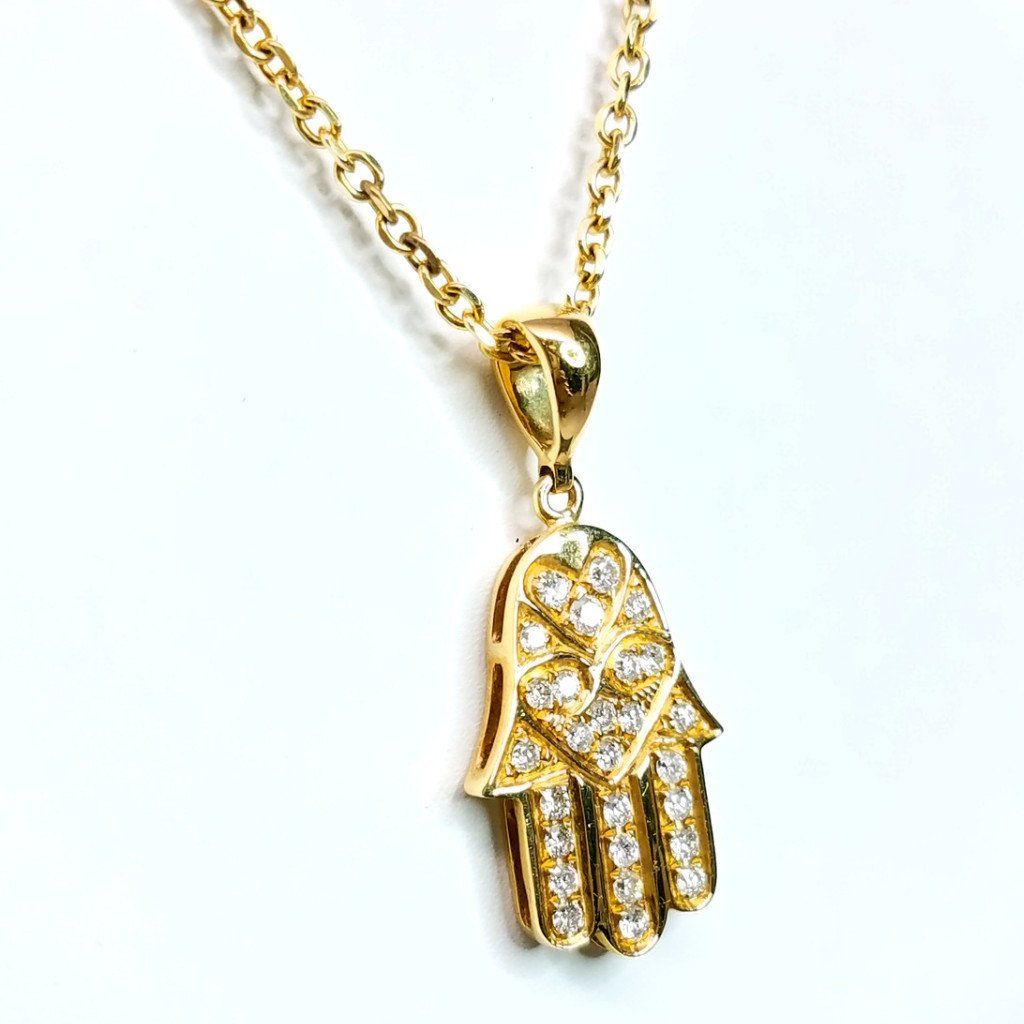 "PEND01386" Diamond Hamsa Necklace in Yellow Gold