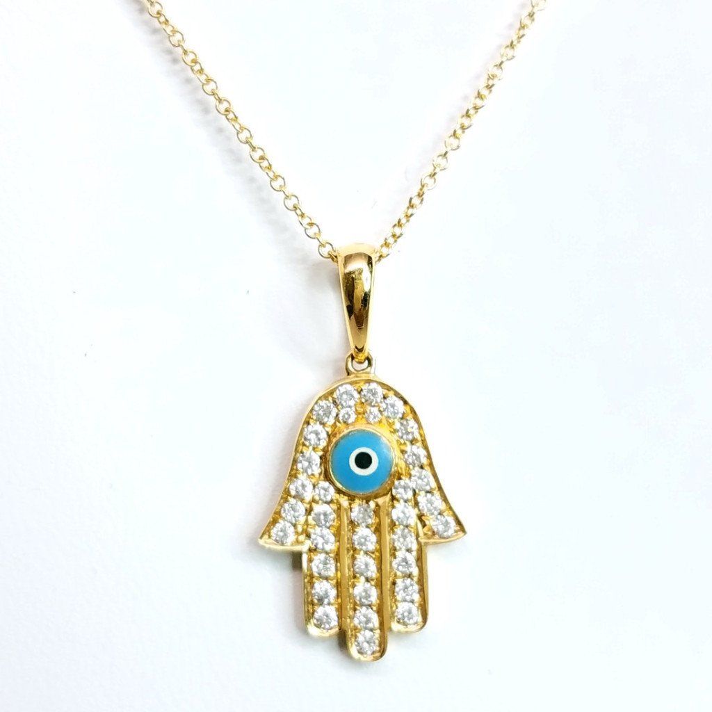 "PEND01388" Diamond Hamsa & Evil Eye Necklace in Yellow Gold