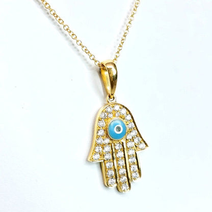 "PEND01388" Diamond Hamsa & Evil Eye Necklace in Yellow Gold
