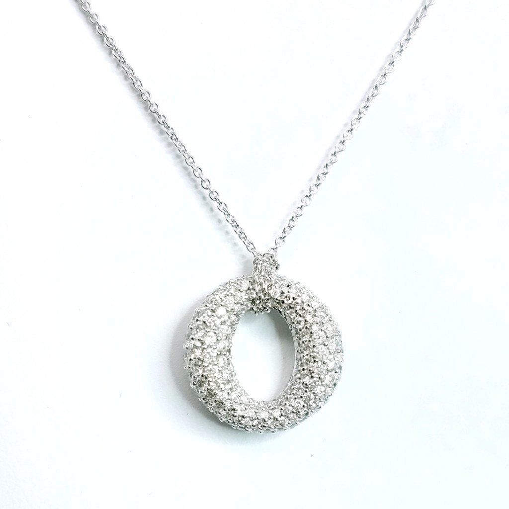 3.21 Carat Round Diamond Pave in 18K White Gold O Shaped Pendant on 16" Chain