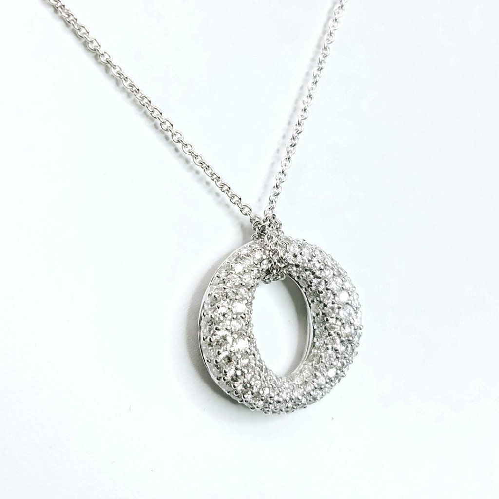 3.21 Carat Round Diamond Pave in 18K White Gold O Shaped Pendant on 16" Chain