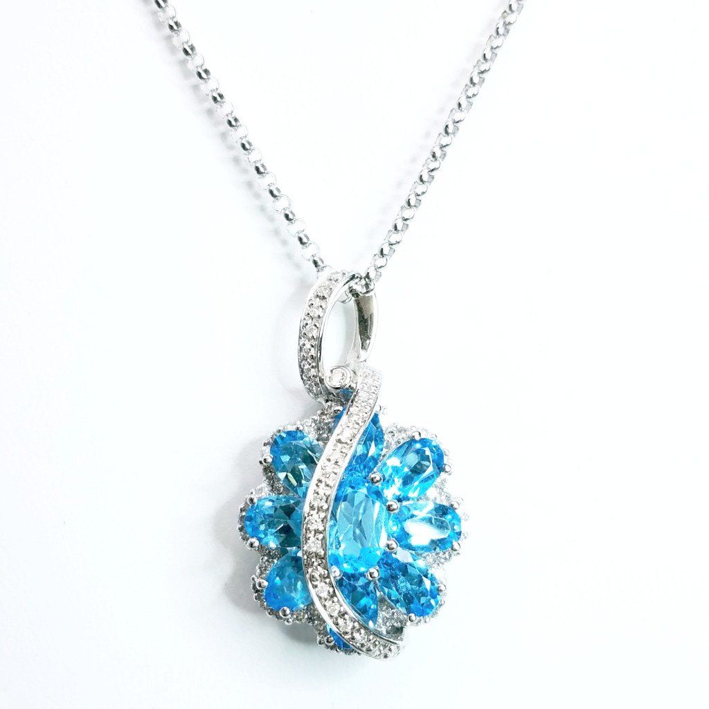 Aqua Blue Topaz & Diamond Pendant Necklace in 18K White Gold
