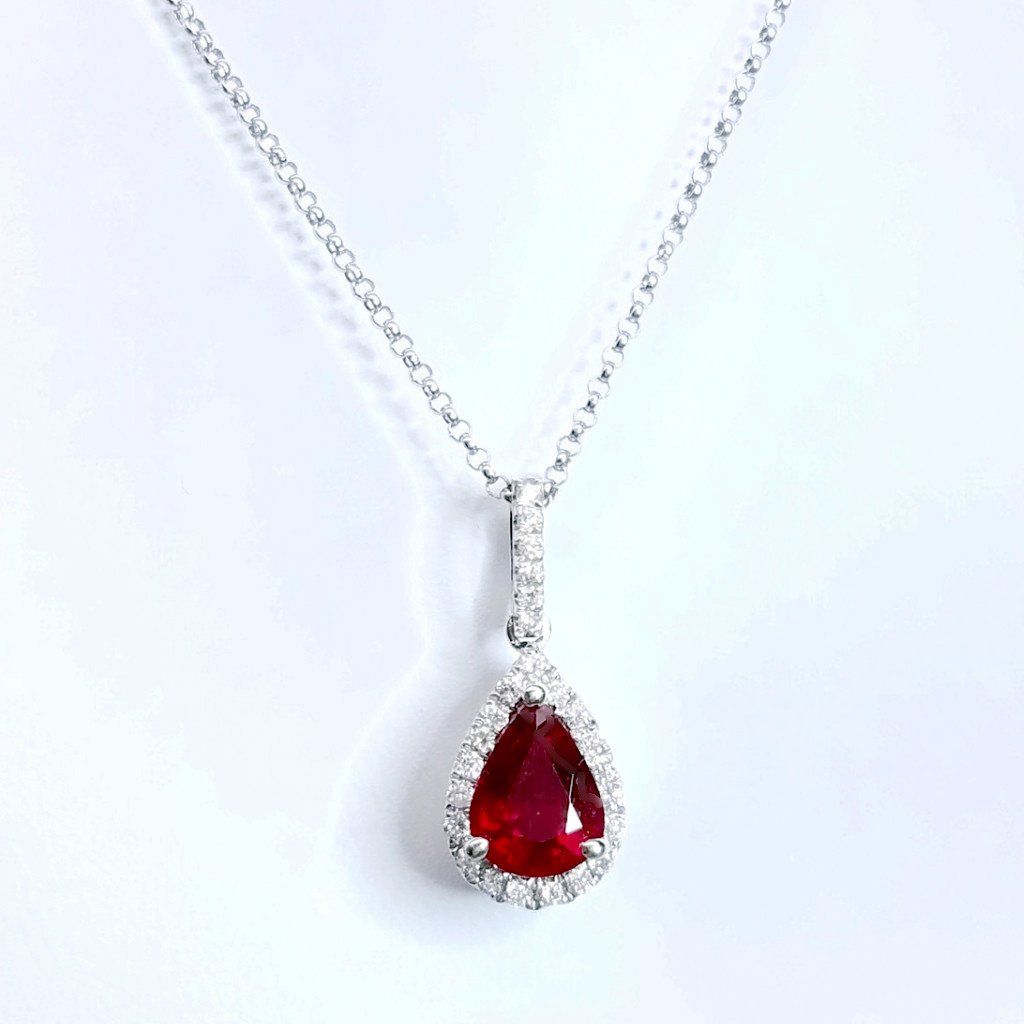 "PEND01054" Pear Shape Ruby Diamond Drop Pendant