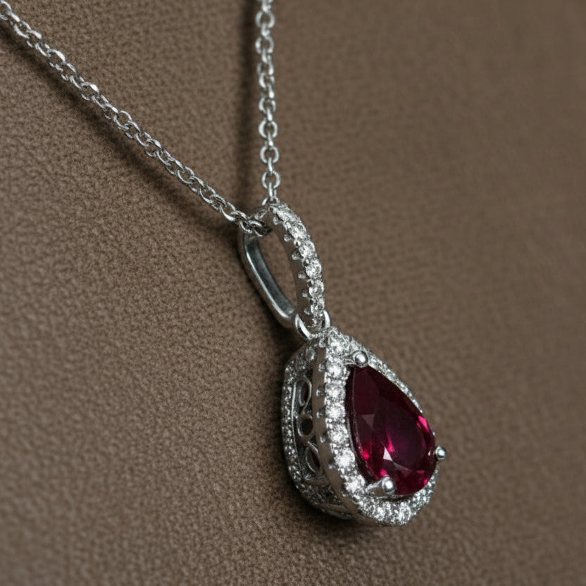 "PEND01054" Pear Shape Ruby Diamond Drop Pendant