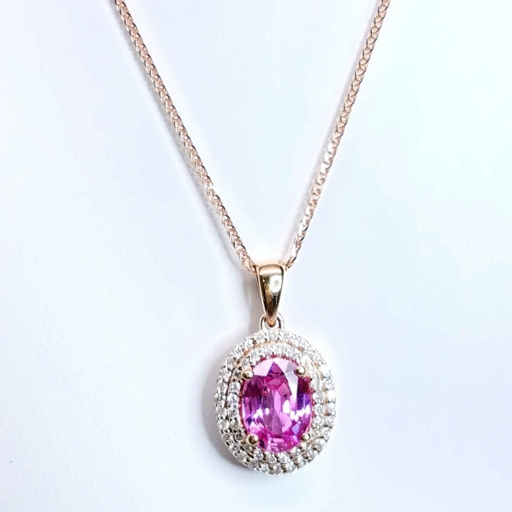"PEND01648" Pink Sapphire Double Halo Diamond Pendant