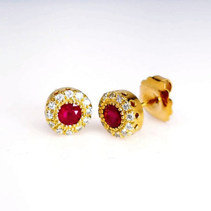 "EARR00103" Vintage Inspired Diamond Ruby Stud Earrings in Yellow Gold