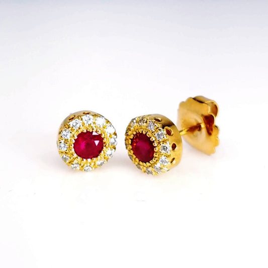 "EARR00103" Vintage Inspired Diamond Ruby Stud Earrings in Yellow Gold