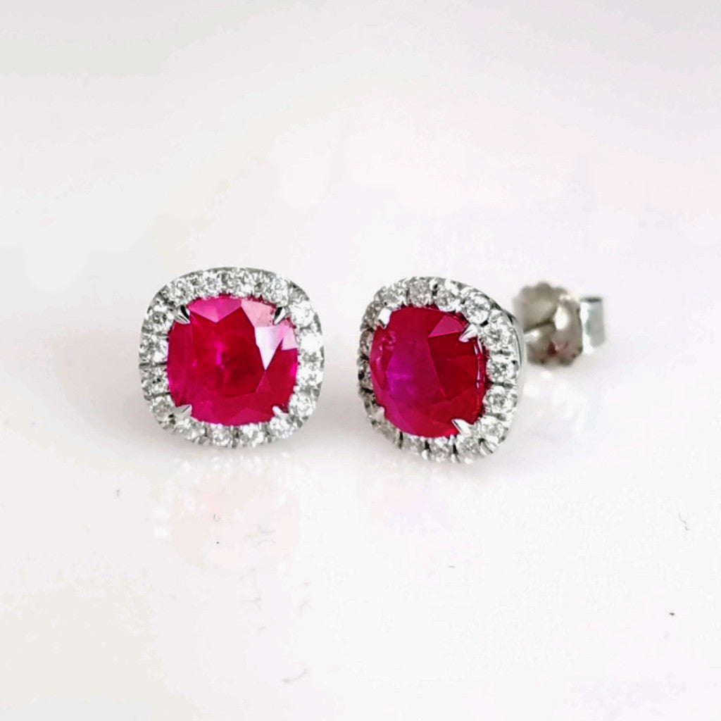 "EARR00554" Cushion Cut Red Ruby & Diamond Halo Studs