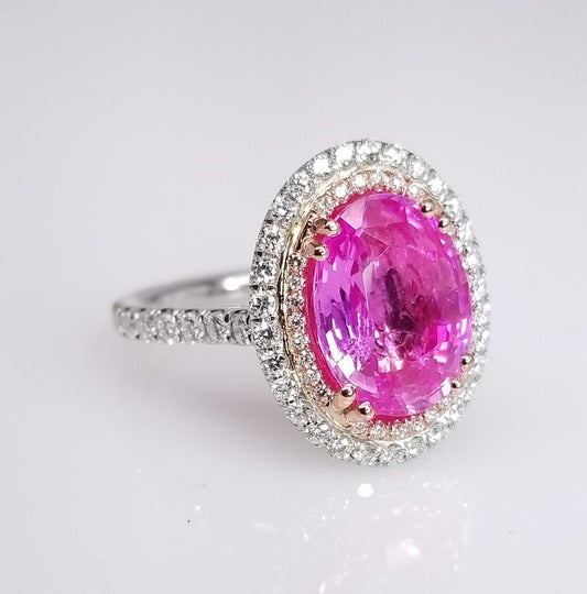 4.56 Total Carat Oval Pink Sapphire and Diamond Double Halo Pave-Set Ladies Ring. GIA Certified.