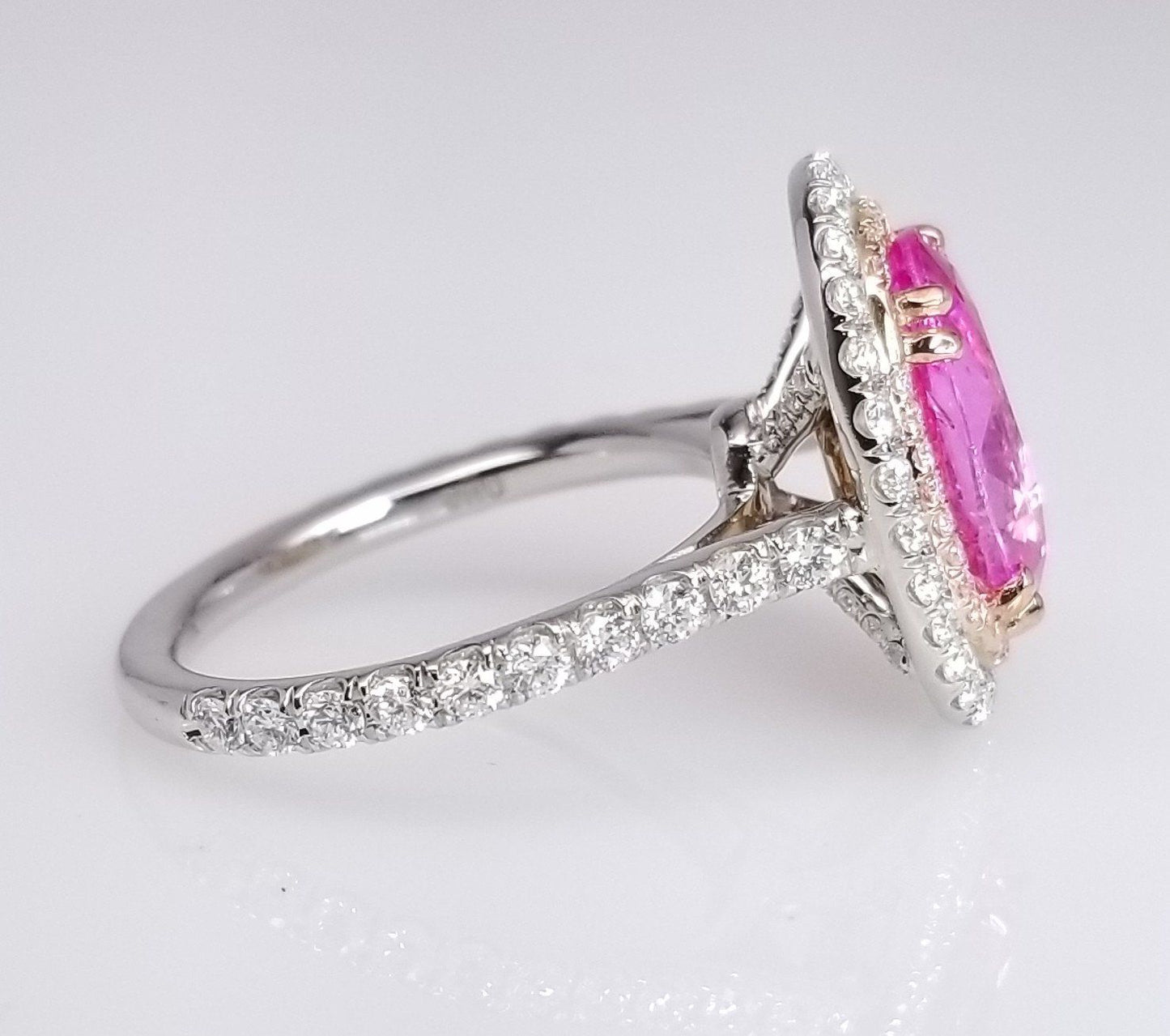 4.56 Total Carat Oval Pink Sapphire and Diamond Double Halo Pave-Set Ladies Ring. GIA Certified.