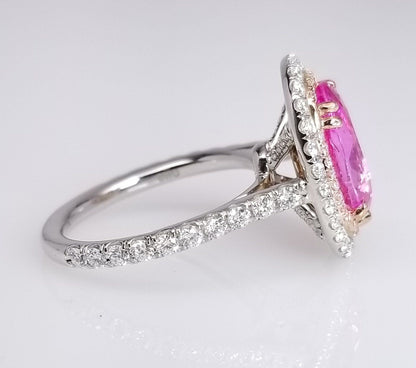 4.56 Total Carat Oval Pink Sapphire and Diamond Double Halo Pave-Set Ladies Ring. GIA Certified.