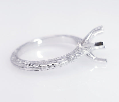 "ENGR02580" Six Prong Hand Engraved Diamond Engagement Ring Setting