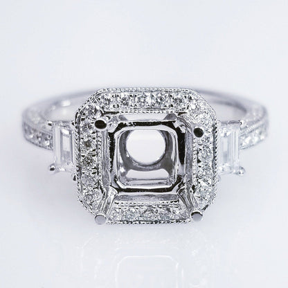 "ENGR03176" Three Stone Diamond Engagement Ring Setting For An Asscher Cut Diamond