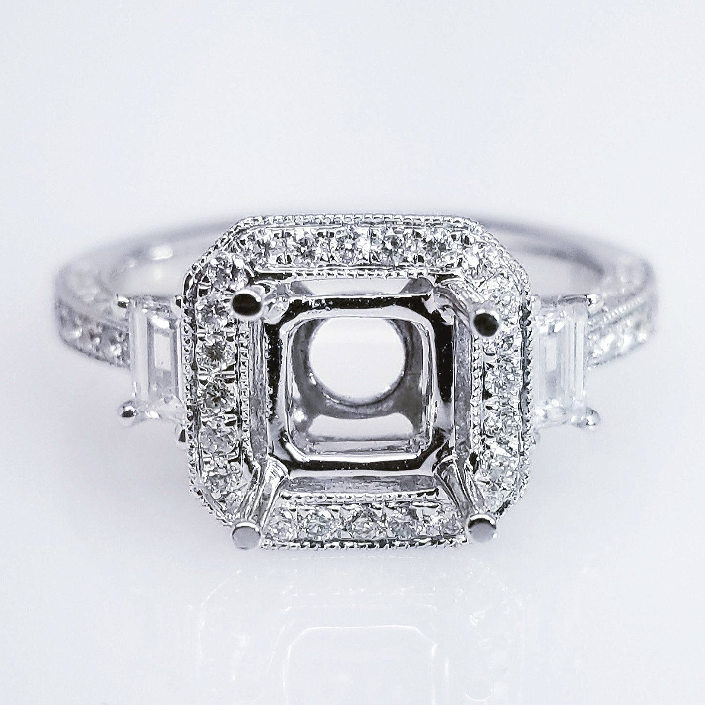 "ENGR03176" Three Stone Diamond Engagement Ring Setting For An Asscher Cut Diamond