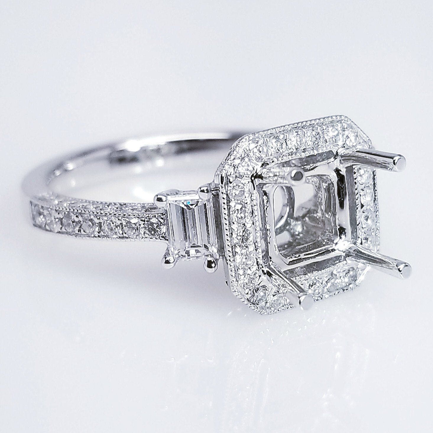 "ENGR03176" Three Stone Diamond Engagement Ring Setting For An Asscher Cut Diamond