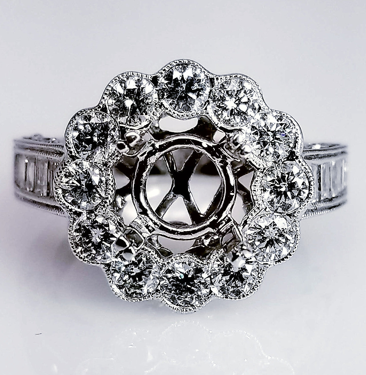 "ENGR01788" Diamond Halo Setting With Antique Flare And Vintage Baguettes