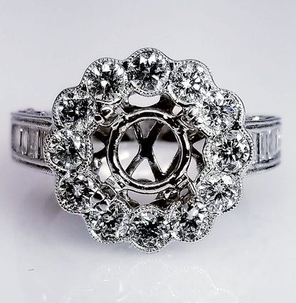 "ENGR01788" Diamond Halo Setting With Antique Flare And Vintage Baguettes