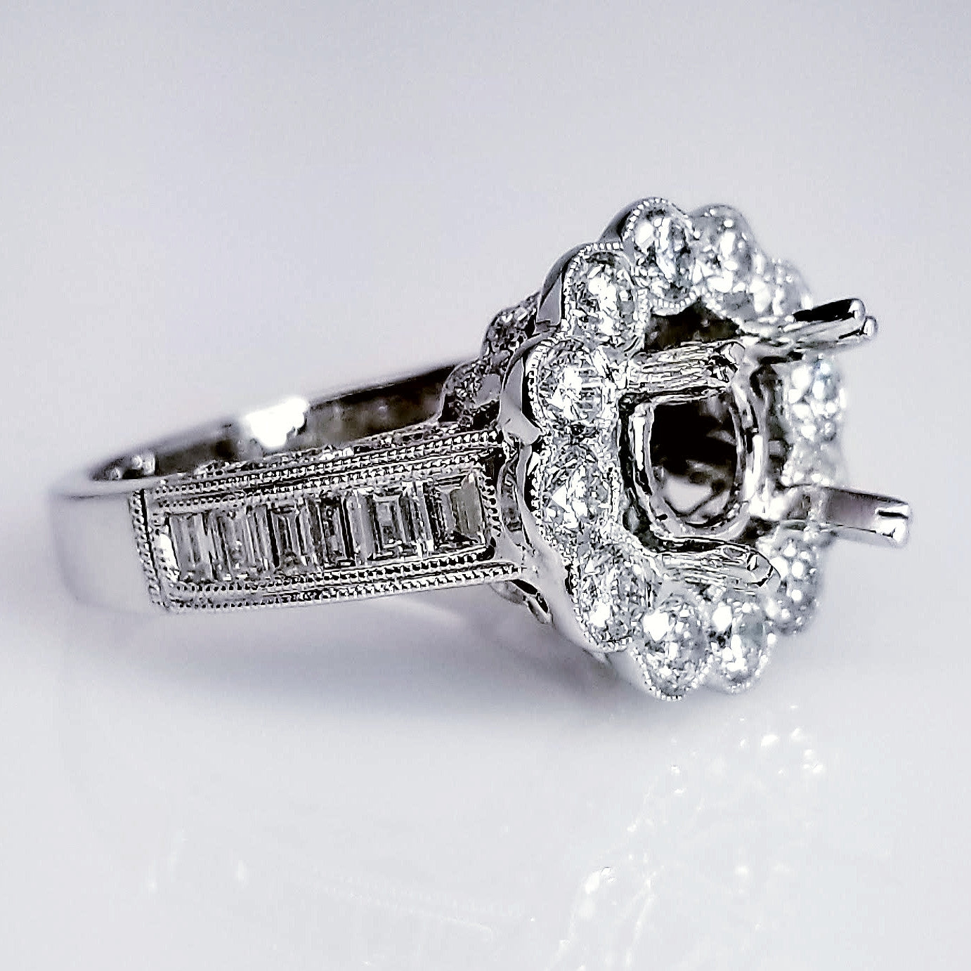 "ENGR01788" Diamond Halo Setting With Antique Flare And Vintage Baguettes