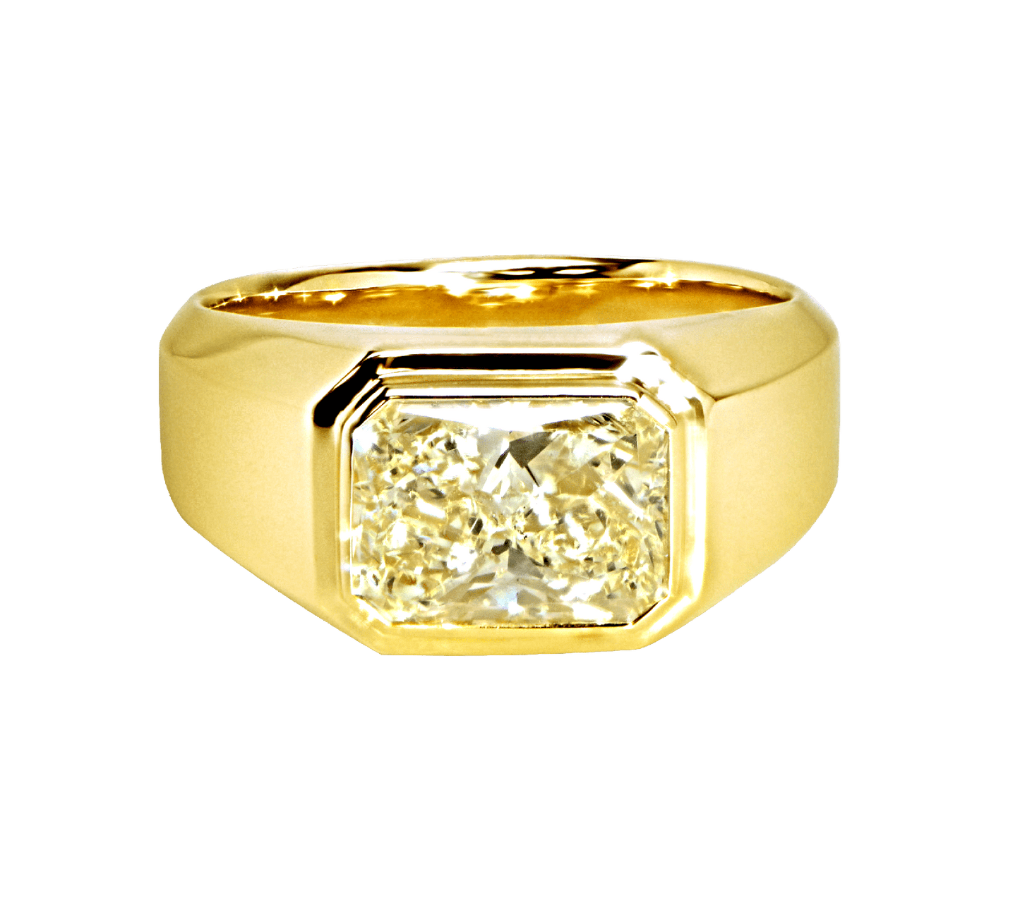 Radiant Shaped Yellow Diamond Bezel Set Mens Ring