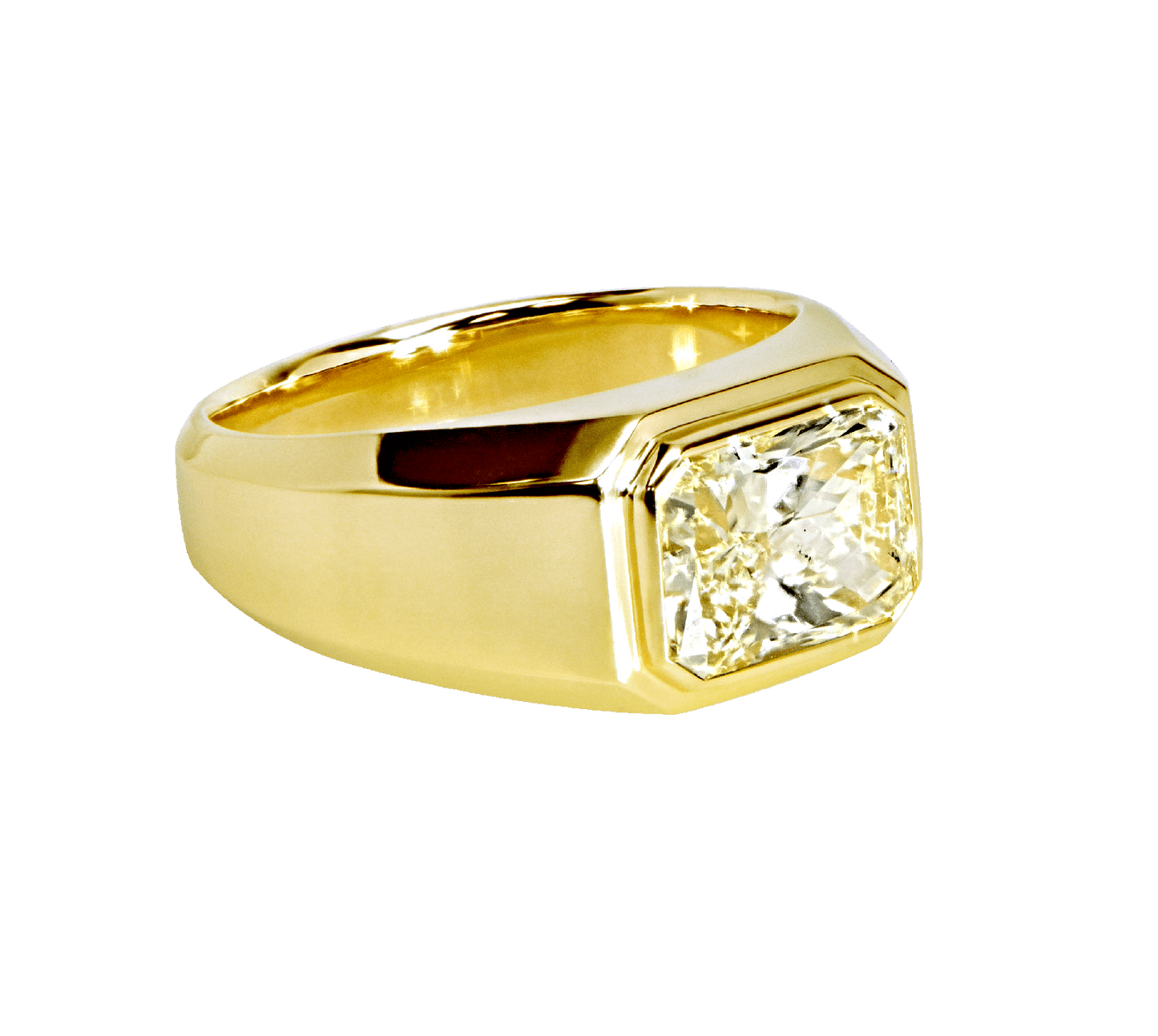 Radiant Shaped Yellow Diamond Bezel Set Mens Ring