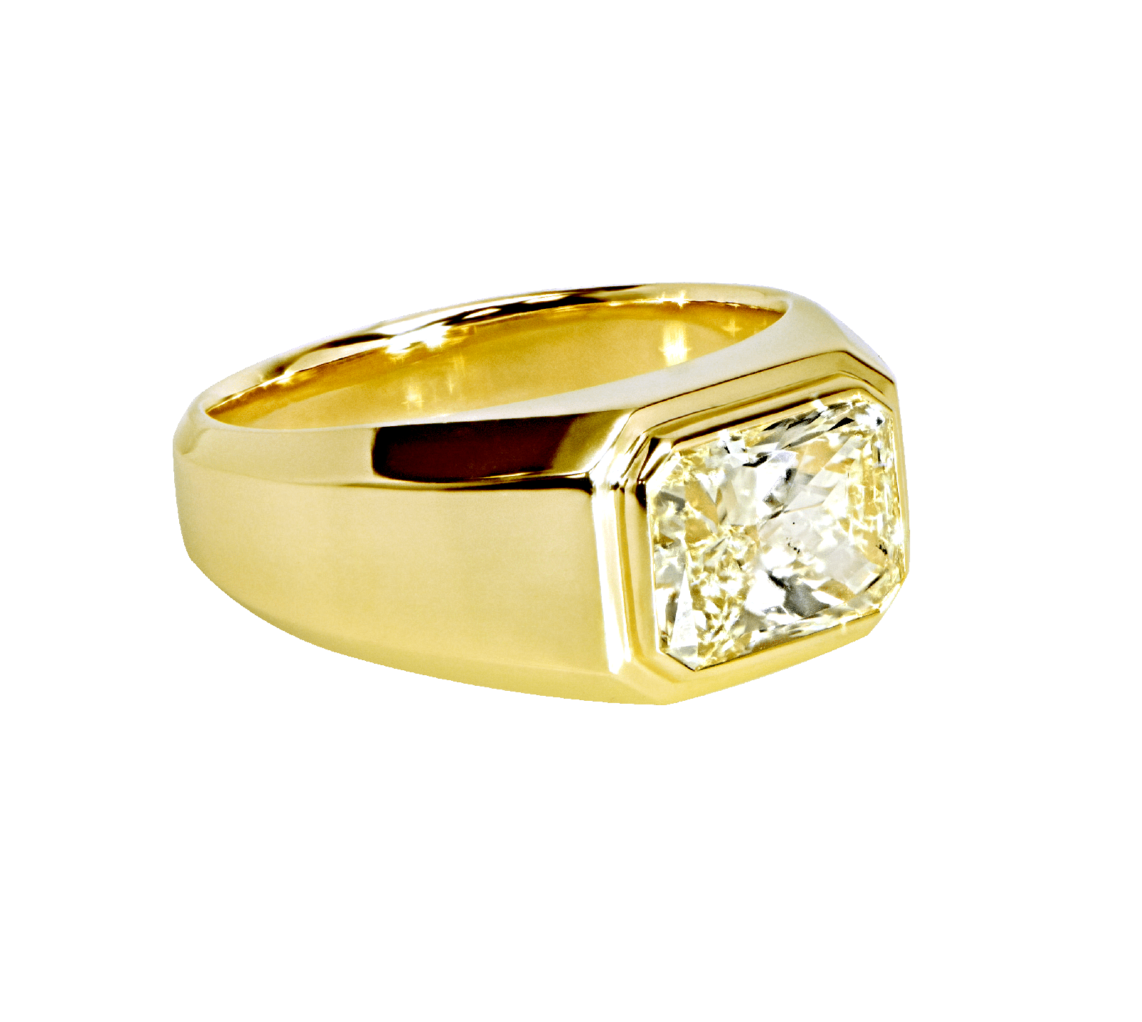 Radiant Shaped Yellow Diamond Bezel Set Mens Ring