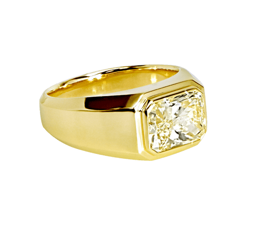 Radiant Shaped Yellow Diamond Bezel Set Mens Ring