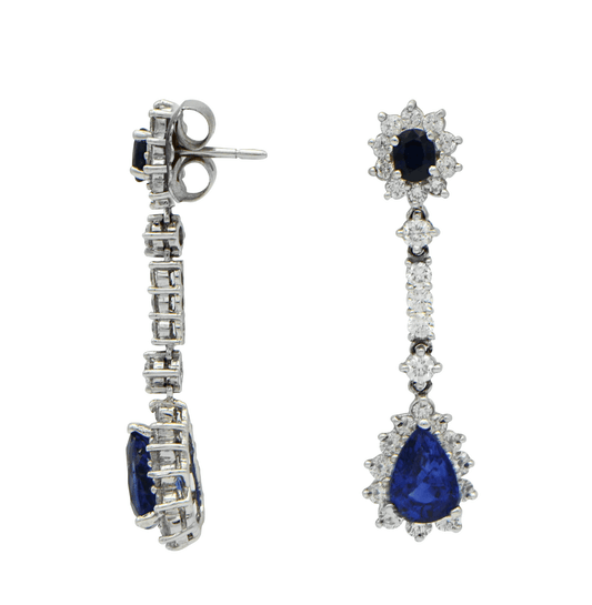 "EARR00333" Blue Sapphire with Diamond Pave Halo Drop Dangle Earrings