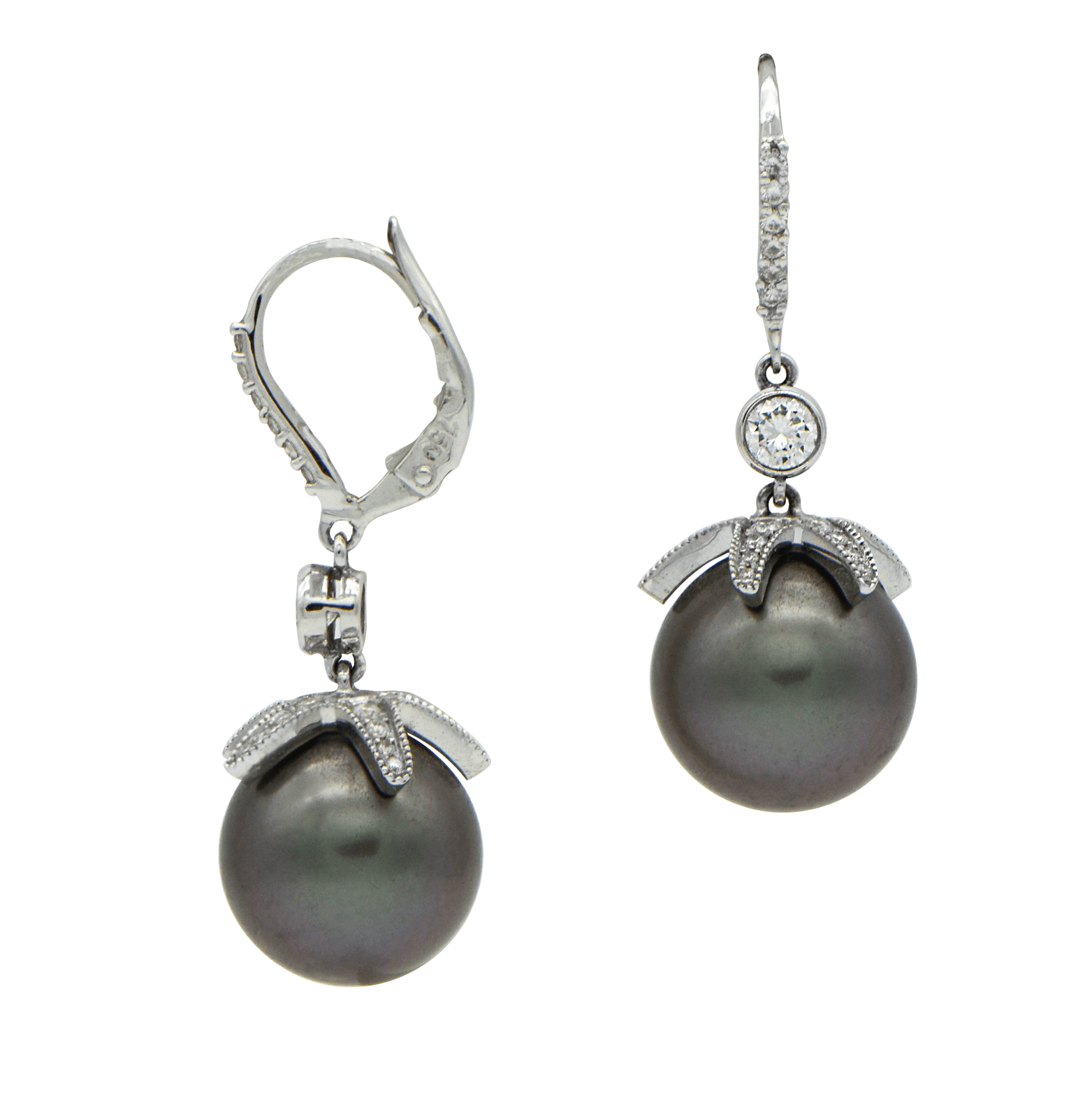 "EARR00899" Diamond Tahitian Pearl Drop Earrings - 18K White Gold