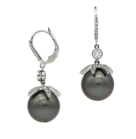 "EARR00899" Diamond Tahitian Pearl Drop Earrings - 18K White Gold